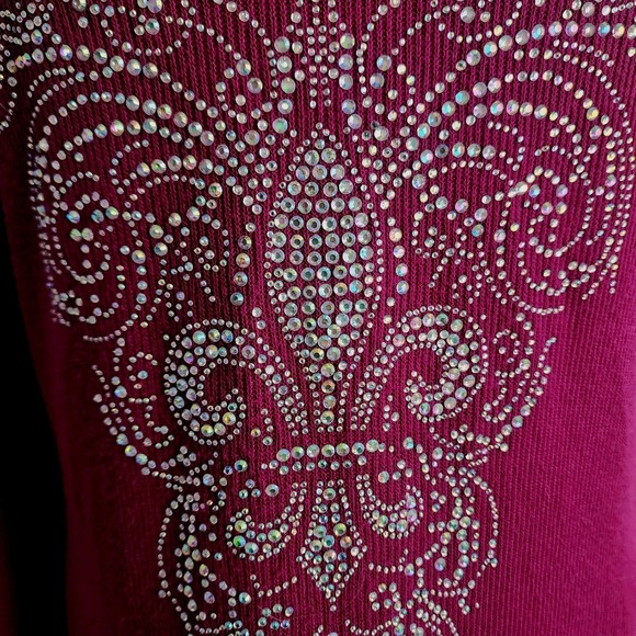 VOCAL Shirt CRYSTAL Rhinestone BURGUNDY FLEUR DE LIS Bedazzled long sleeve Y2K - Picture 6 of 9